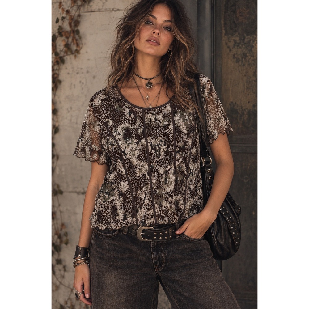 Floral Lace Top Brown Sheer Y2K Whimsigoth Grunge Fairycore Blouse Sz 2X